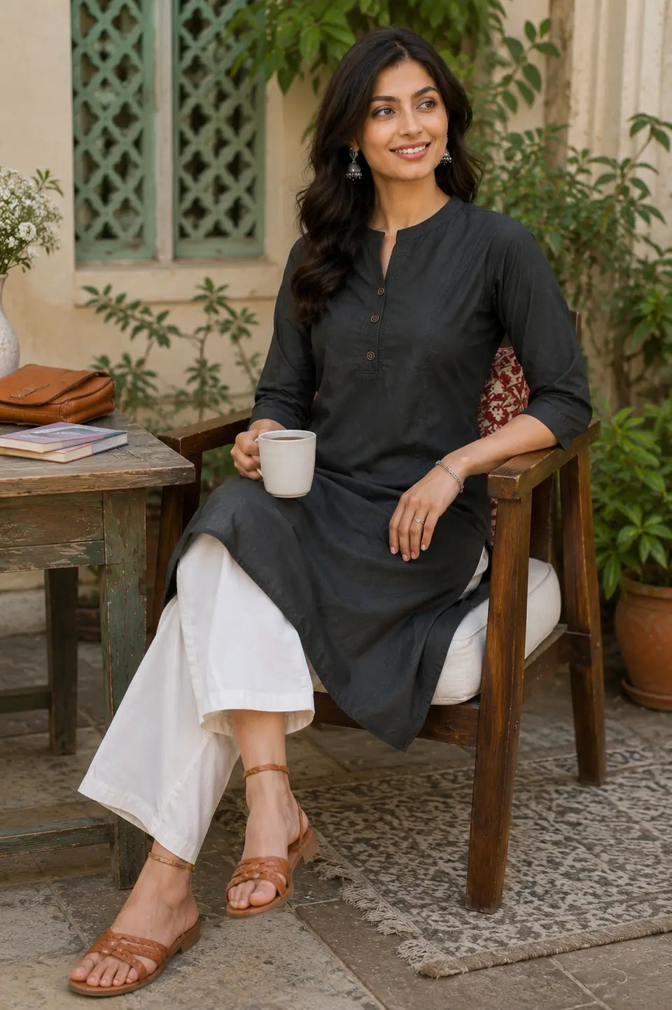 Rabric dark charcoal popline cotton women kurti in casual sitting pose with stylish accessories and ethnic fashion look