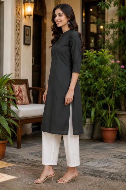 Side angle view of Rabric dark charcoal popline cotton straight kurti for women with side slit design