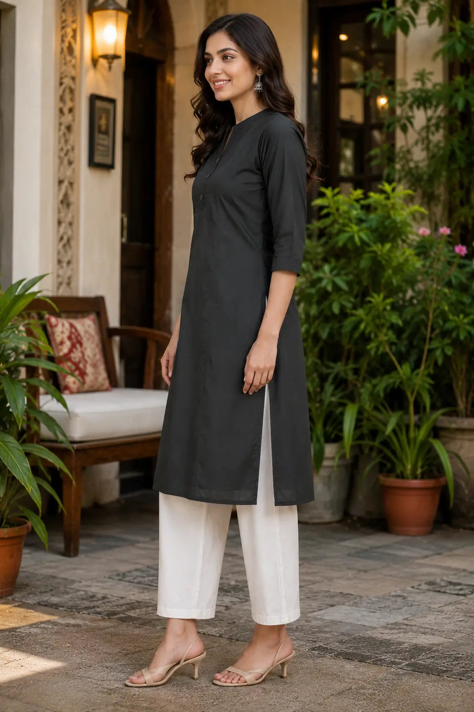 Side angle view of Rabric dark charcoal popline cotton straight kurti for women with side slit design