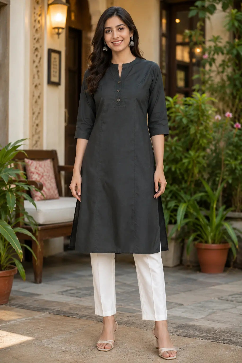 Rabric dark charcoal popline cotton women kurti front view with stylish neck design and 3/4 sleeves for casual ethnic wear