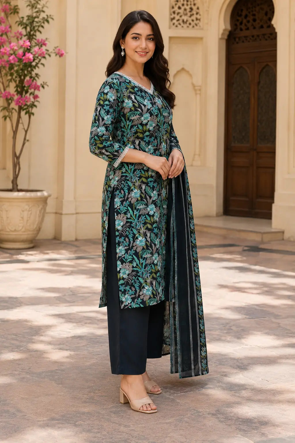 Rabric dark navy cotton floral kurta pant set with dupatta side angle, 3/4 sleeves, V neck lace and teal botanical print for women