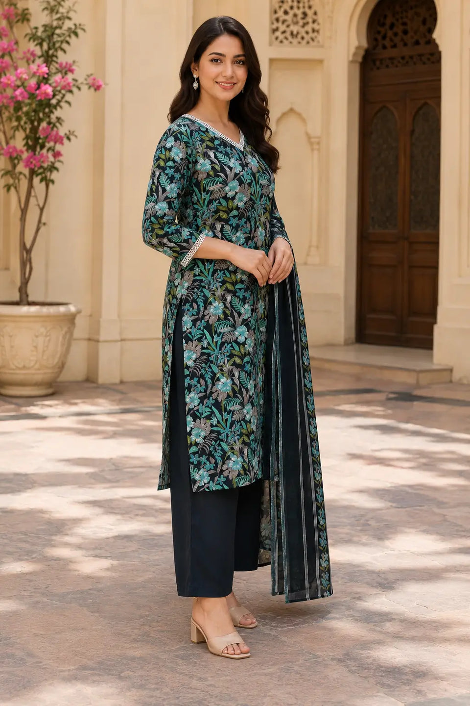 Rabric dark navy cotton floral kurta pant set with dupatta side angle, 3/4 sleeves, V neck lace and teal botanical print for women