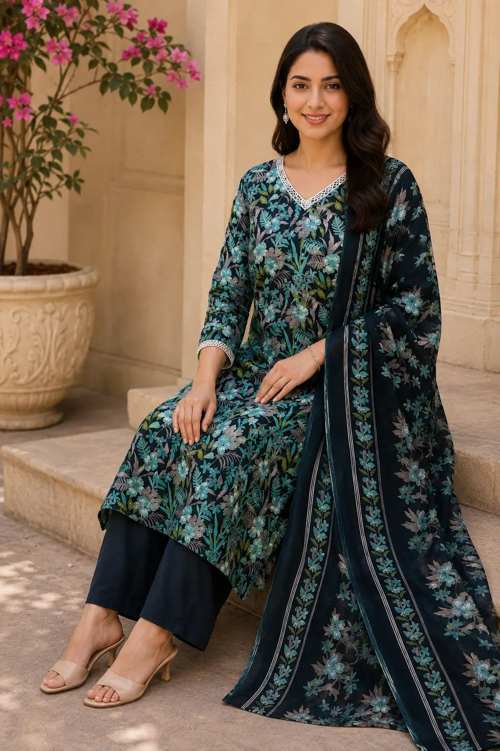 Rabric dark navy cotton floral kurta pant set with dupatta sitting pose, teal leaf print, V neck lace design and 3/4 sleeves for women