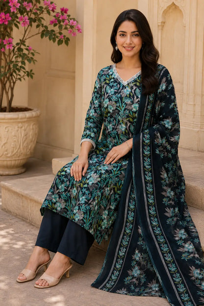Rabric dark navy cotton floral kurta pant set with dupatta sitting pose, teal leaf print, V neck lace design and 3/4 sleeves for women