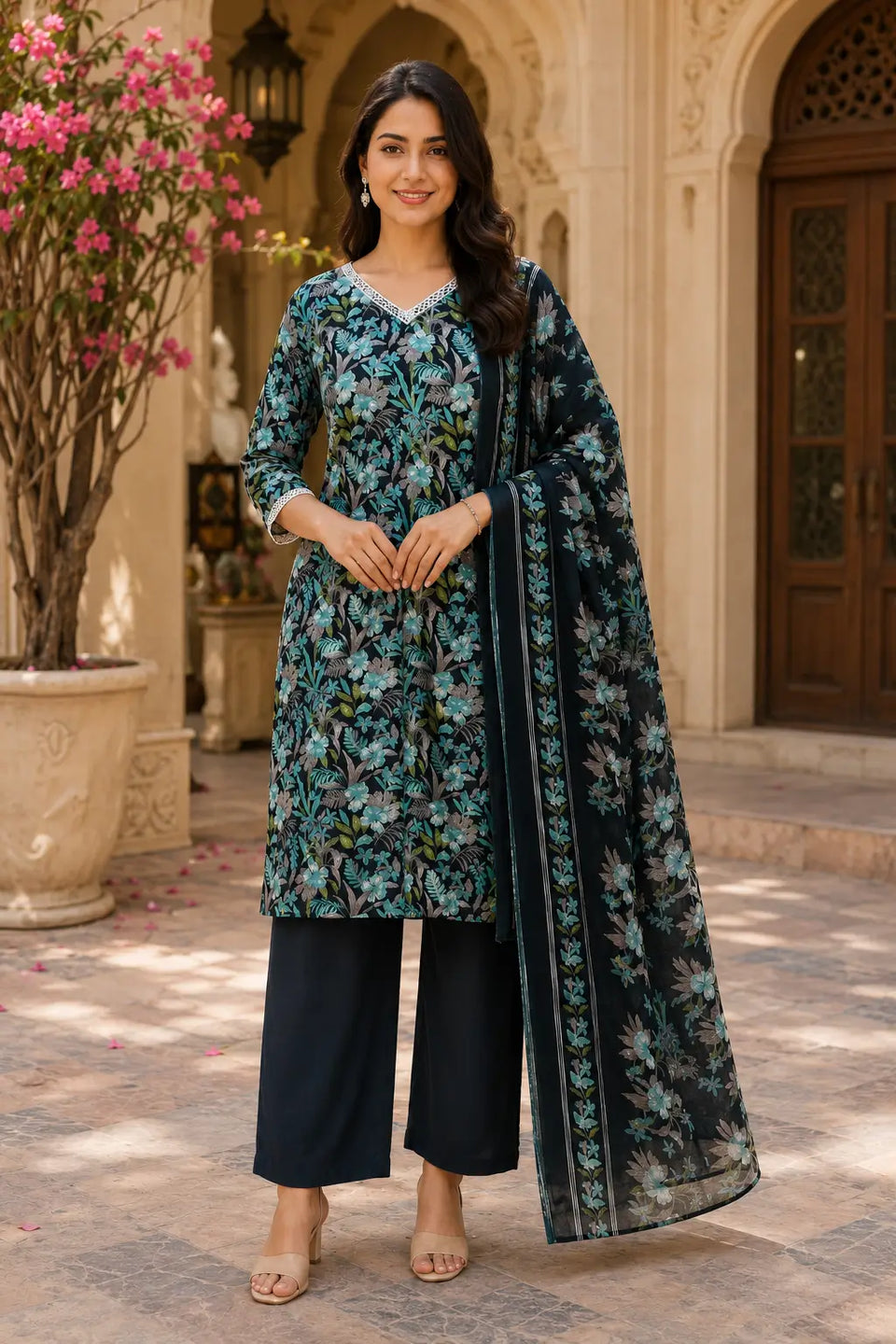 Rabric dark navy cotton floral kurta pant set lifestyle standing look with dupatta, comfortable ethnic wear for women daily and office wear