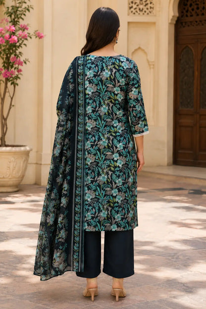 Rabric dark navy cotton floral print kurta pant set back view with matching dupatta, long straight kurta and stylish navy bottom for women
