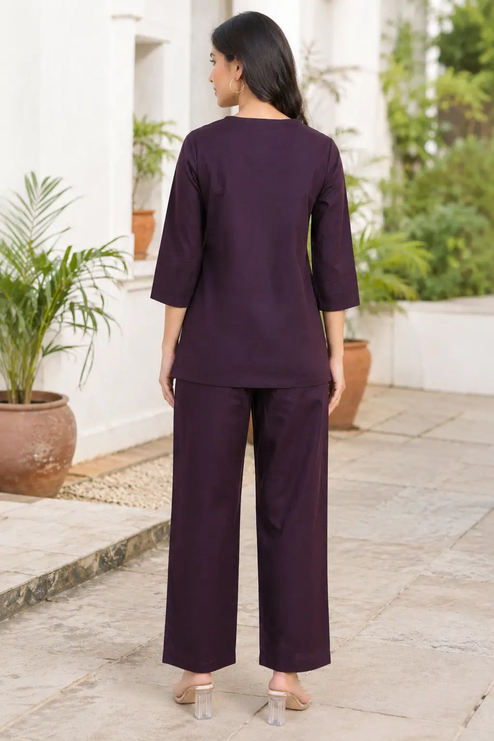 Rabric dark plum cotton co-ord set for women back view with plain top and wide pajama for comfortable daily wear