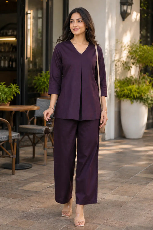 Rabric dark plum solid plain cotton co-ord set for women styled outdoors with casual accessories and wide pajama
