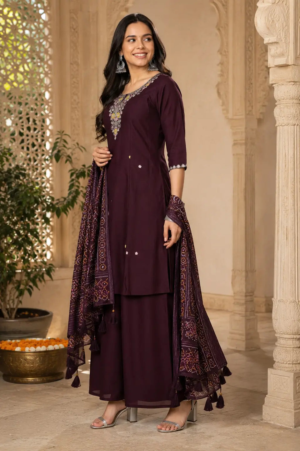 Side view of dark plum cotton kurta palazzo set with dupatta by Rabric featuring flared silhouette and designer sleeves