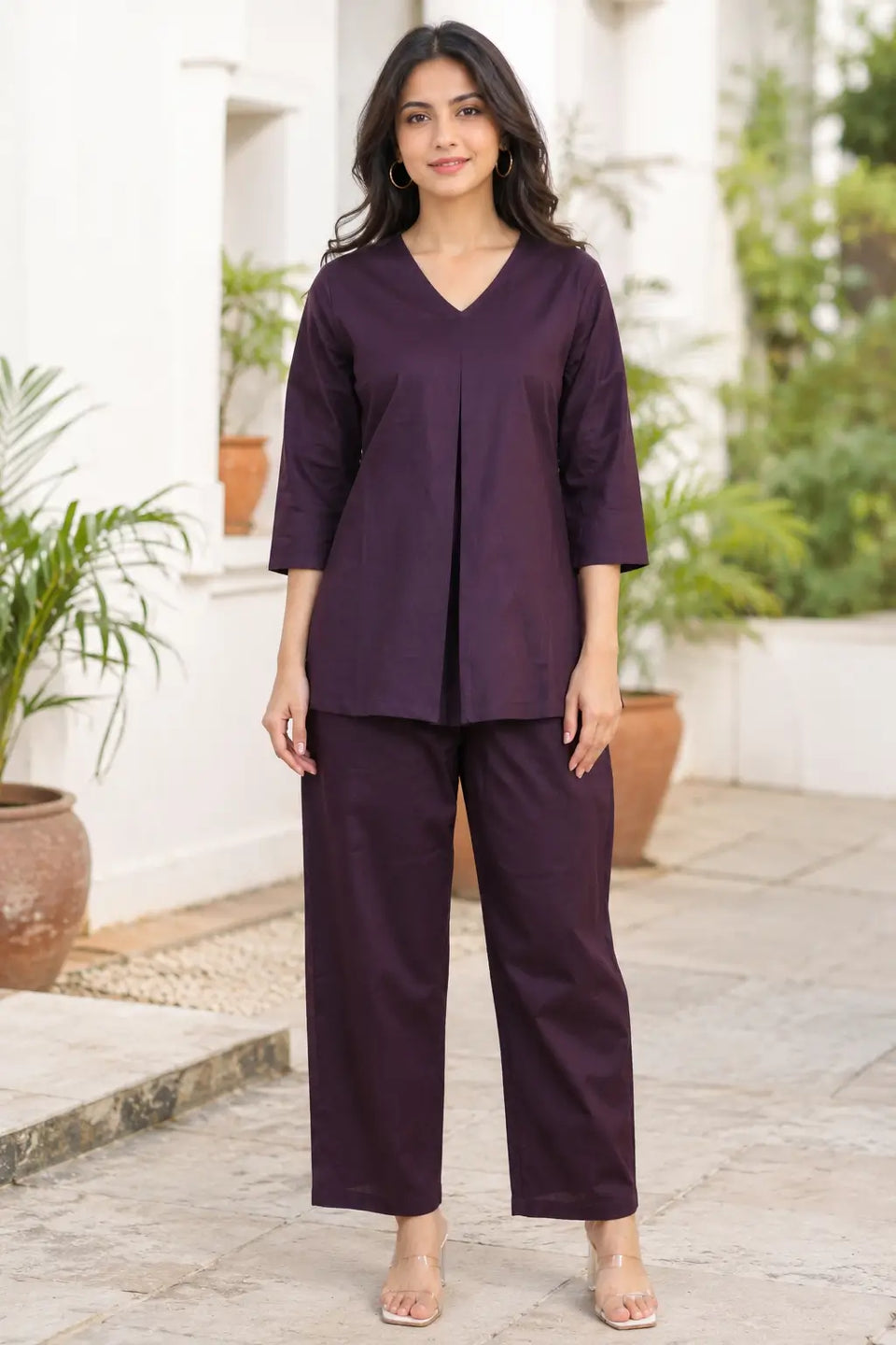 Rabric dark plum solid plain cotton co-ord set for women with V-neck 3/4 sleeve top and wide pajama front view