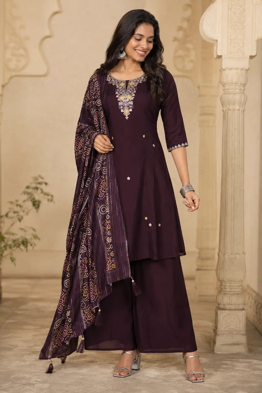 Women’s deep plum cotton kurta palazzo set with dupatta front view by Rabric featuring embroidered neckline and 3/4 designer sleeves