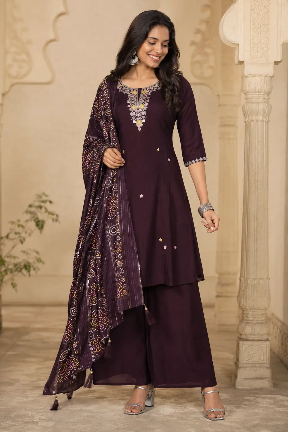 Women’s deep plum cotton kurta palazzo set with dupatta front view by Rabric featuring embroidered neckline and 3/4 designer sleeves