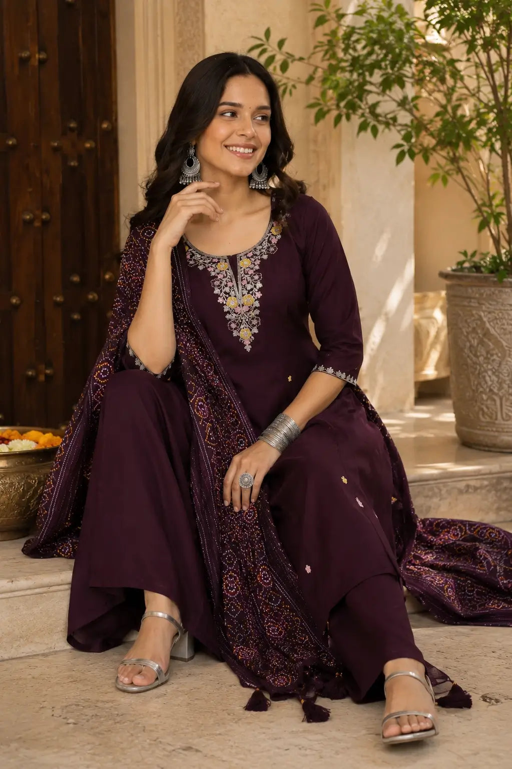 Women’s deep plum cotton kurta set with printed dupatta by Rabric in casual sitting pose with silver jewelry
