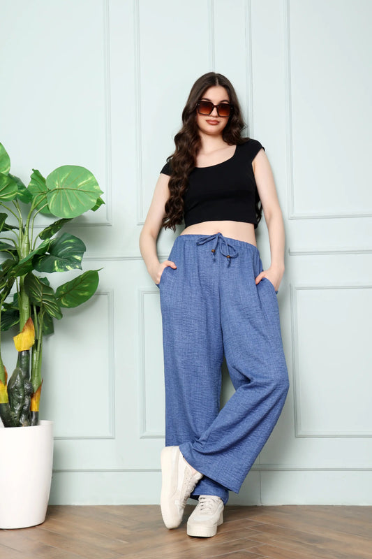RABRIC Denim Blue linen trousers for women styled for a comfortable casual lifestyle look