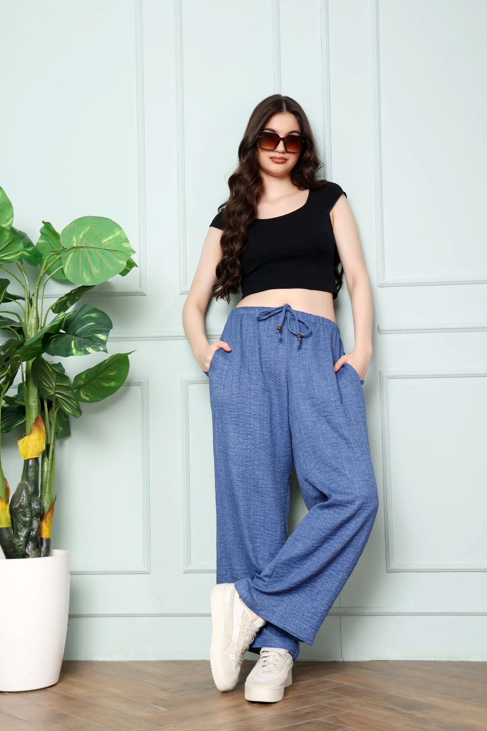 RABRIC Denim Blue linen trousers for women styled for a comfortable casual lifestyle look
