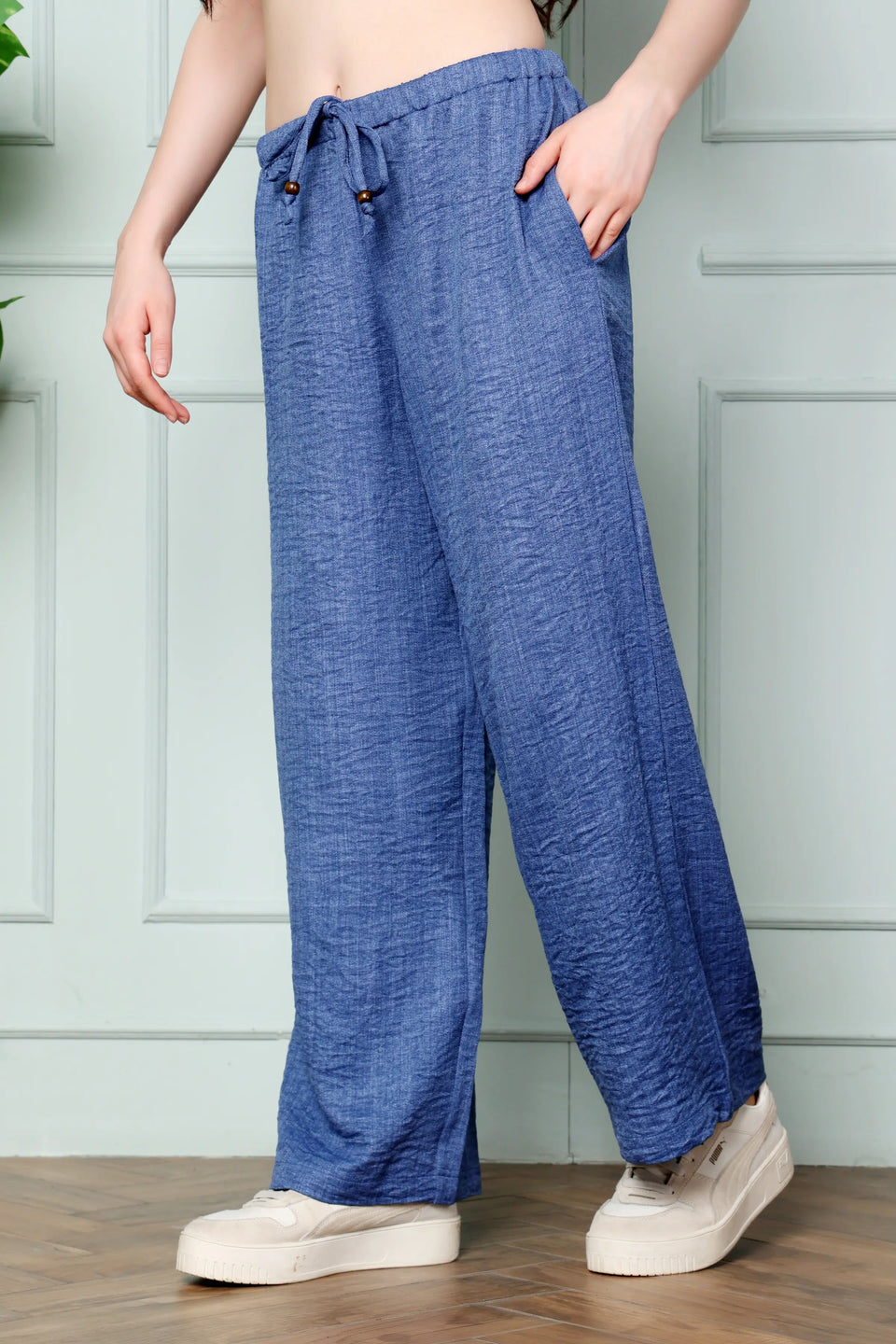 RABRIC Denim Blue linen women trousers side view showing functional side pocket