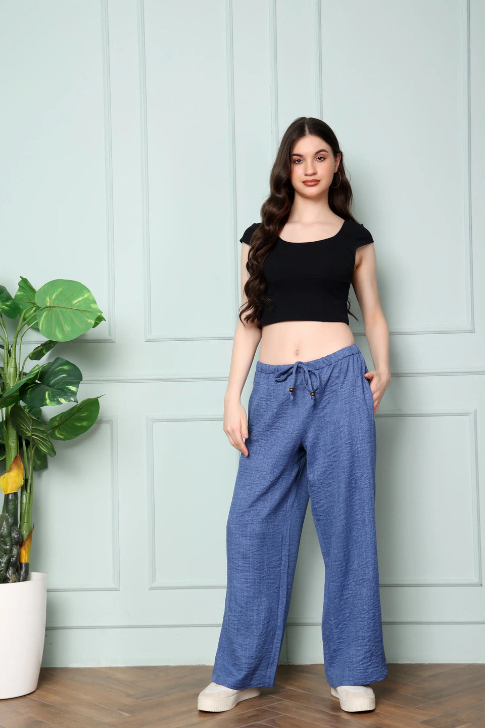 RABRIC Denim Blue linen trousers for women standing front pose showing wide leg silhouette