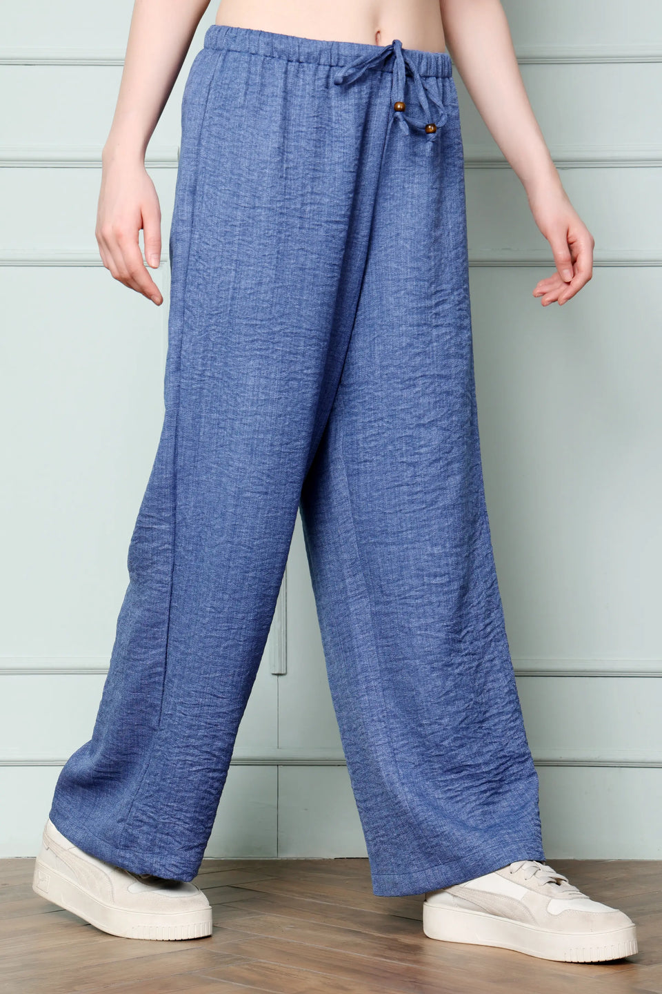 RABRIC Denim Blue linen wide leg trousers for women side view with relaxed fit