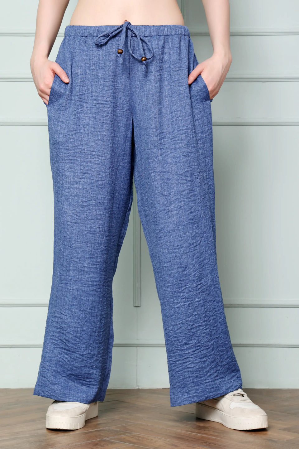 RABRIC Denim Blue linen trousers for women front view with elastic waist and drawstring