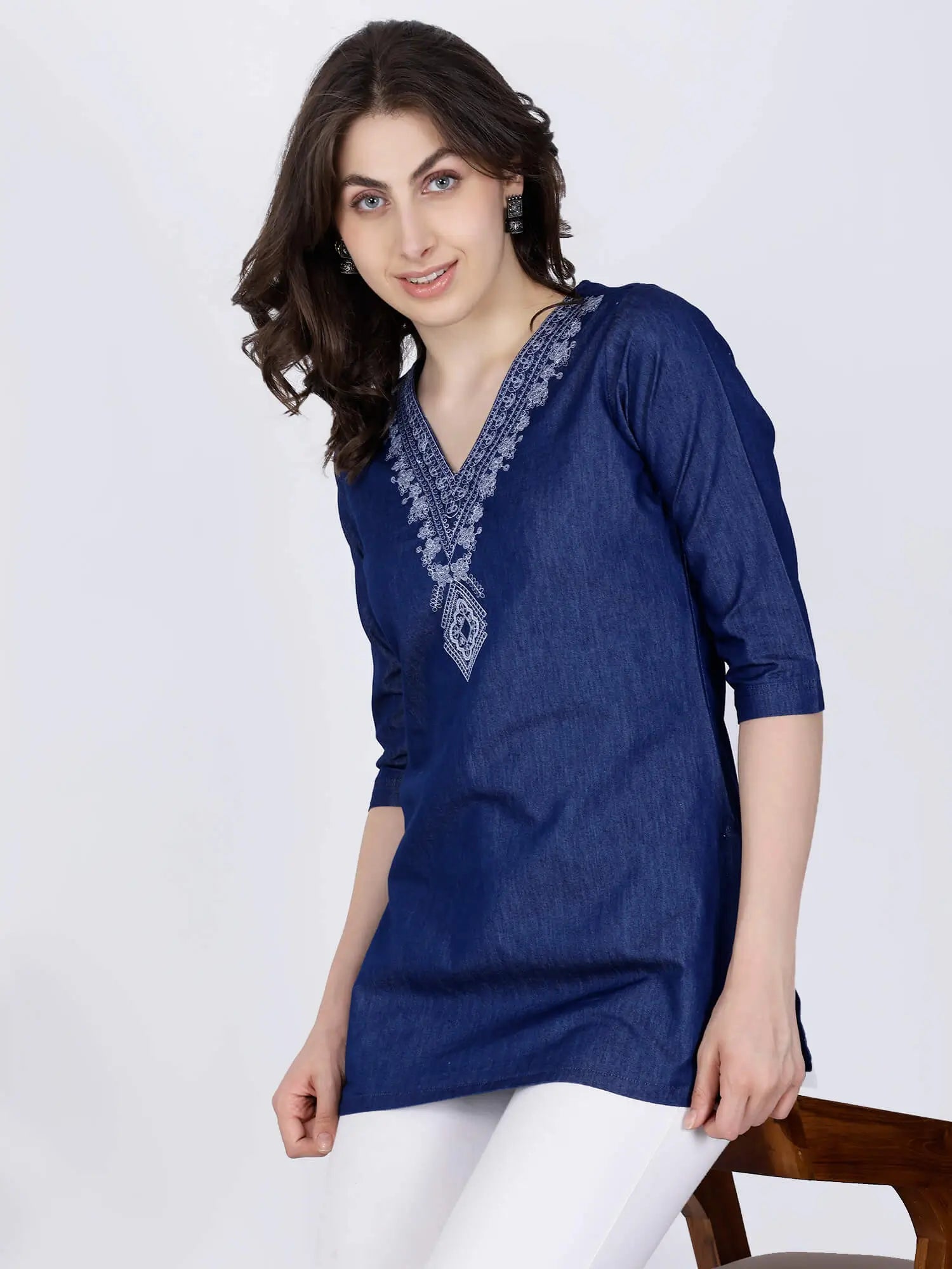 Women’s Embroidered Denim Short Kurti by Rabric 
