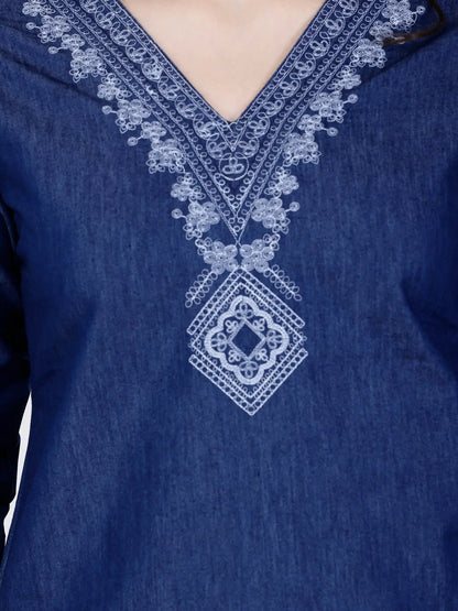 Close-up of V-neck Embroidery on Rabric Denim Kurti