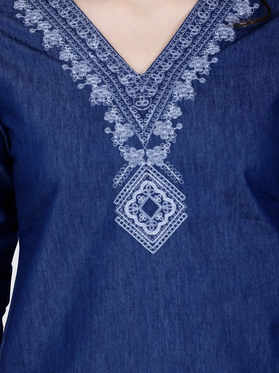 Close-up of V-neck Embroidery on Rabric Denim Kurti