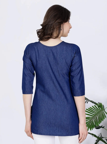 Back view of blue denim short kurti by Rabric