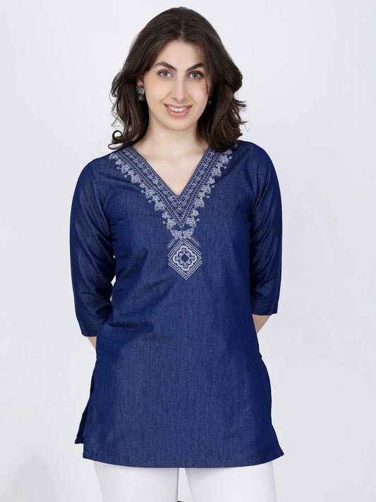 Rabric Premium Denim Short Kurti – Front View, V-neck Embroidered Design