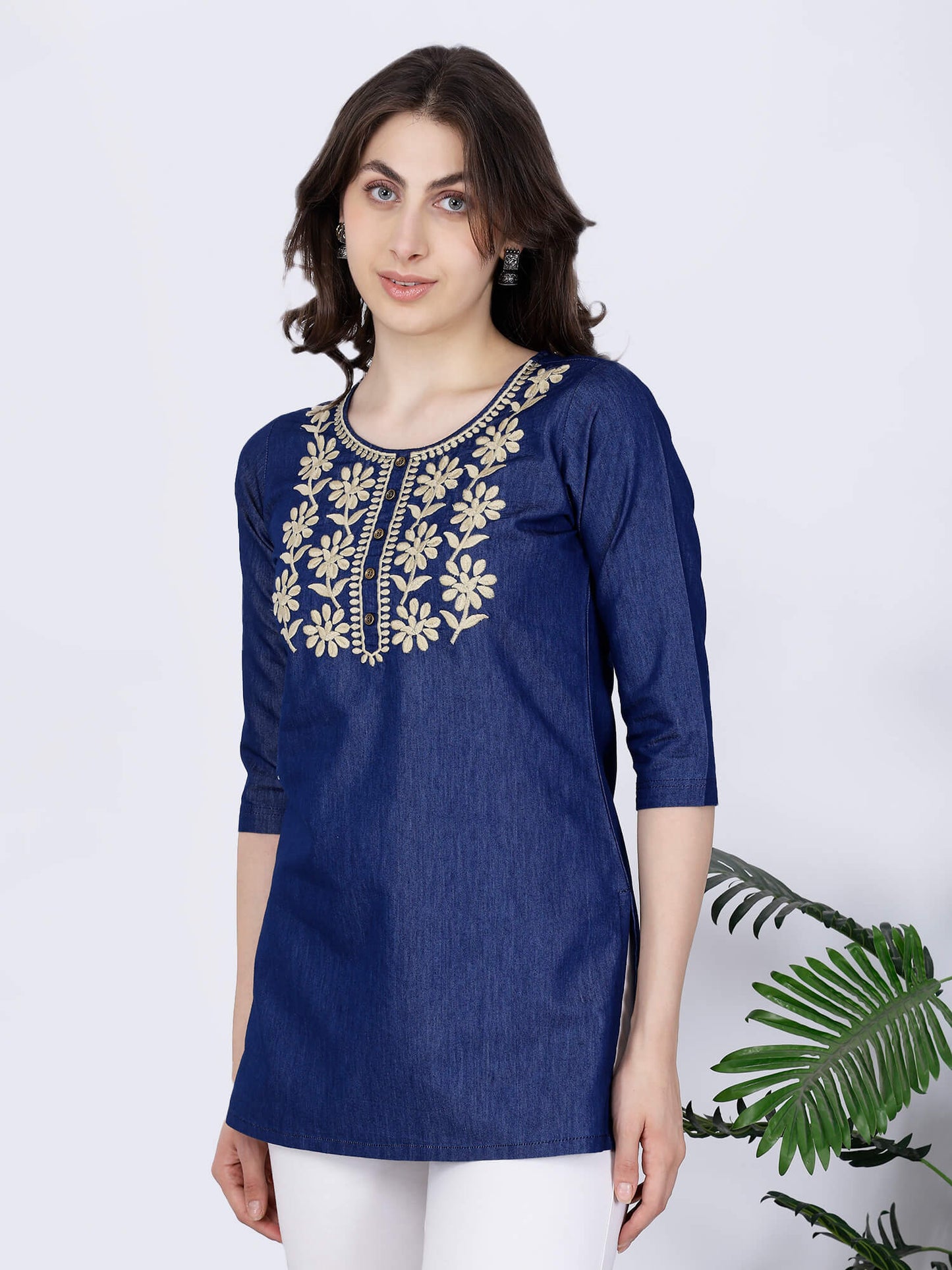 Side profile of premium denim short kurti for women by Rabric
