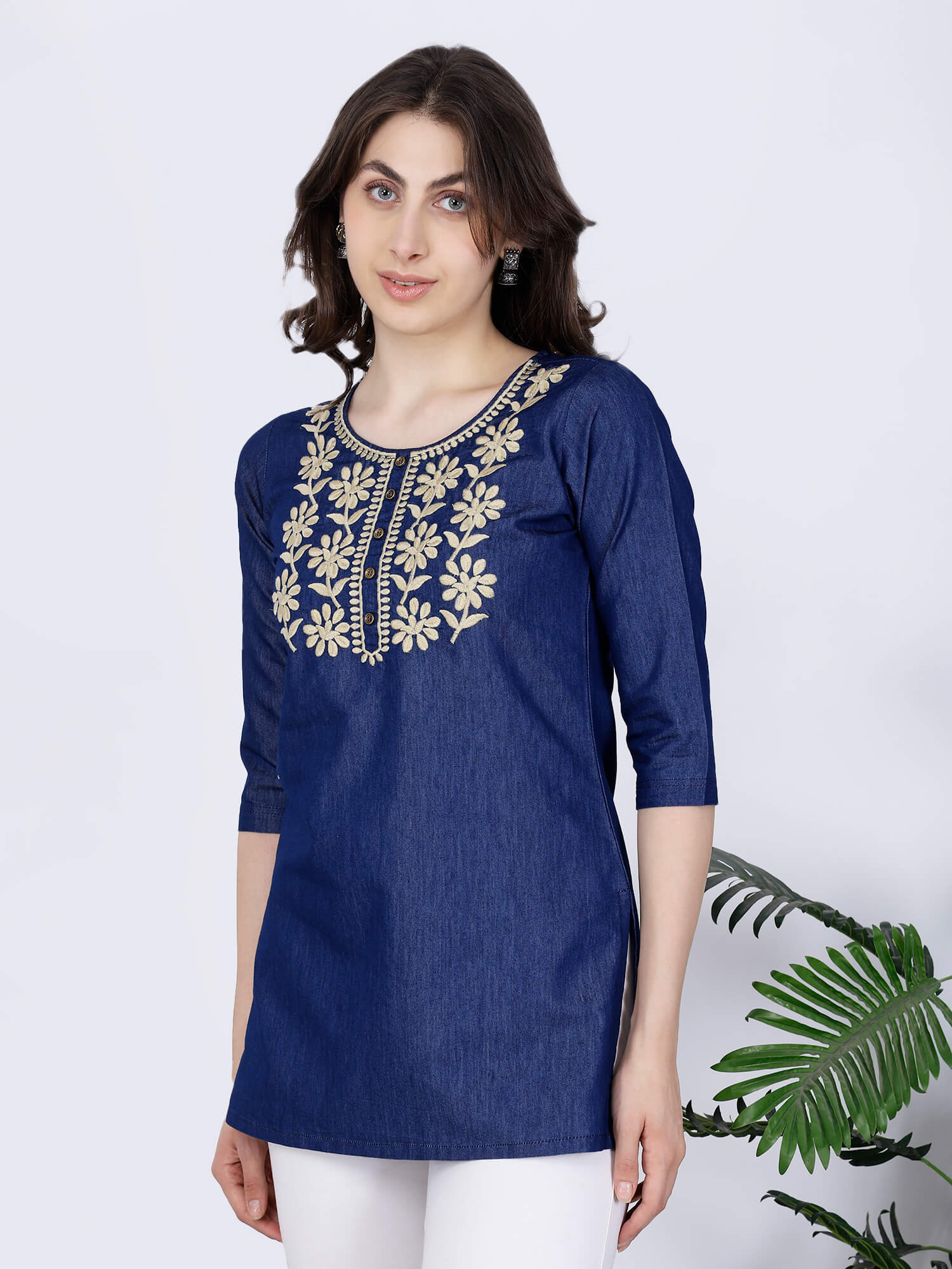 Side profile of premium denim short kurti for women by Rabric