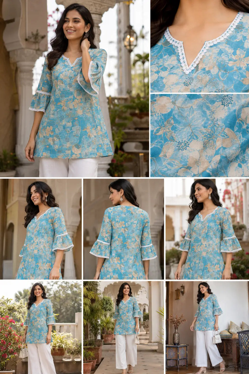 Premium designer cotton short top for women with floral print and stylish layered sleeves