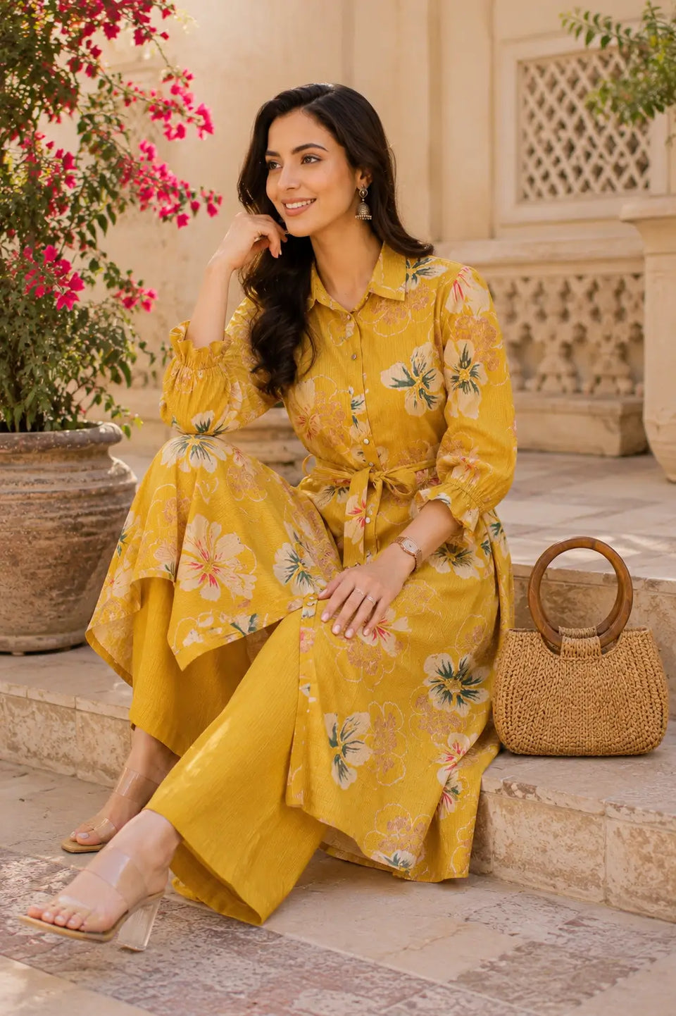 Rabric designer yellow floral vertical silk co-ord set in elegant sitting pose