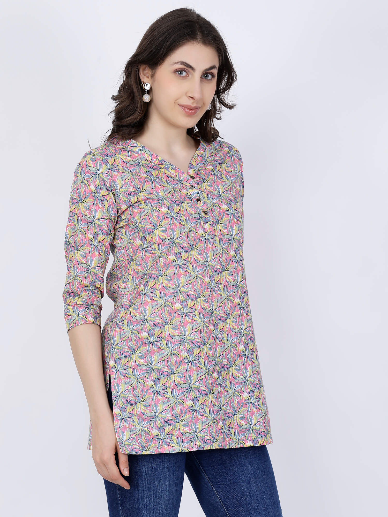 Side View of Rabric Printed Short Kurti in Multicolor Design