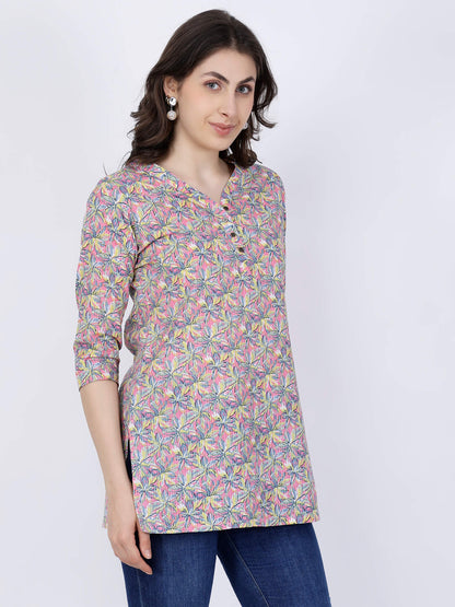 Side View of Rabric Printed Short Kurti in Multicolor Design