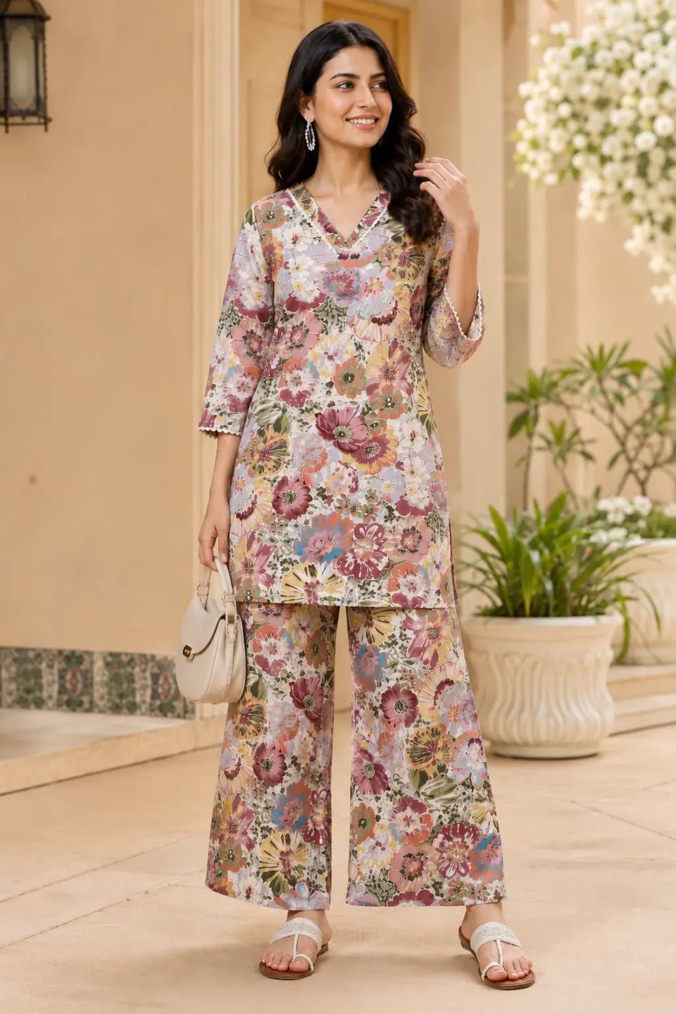 Indian woman wearing Rabric dusty pink floral print cotton co-ord set with V-neck top and palazzo pants in a stylish outdoor summer fashion look.