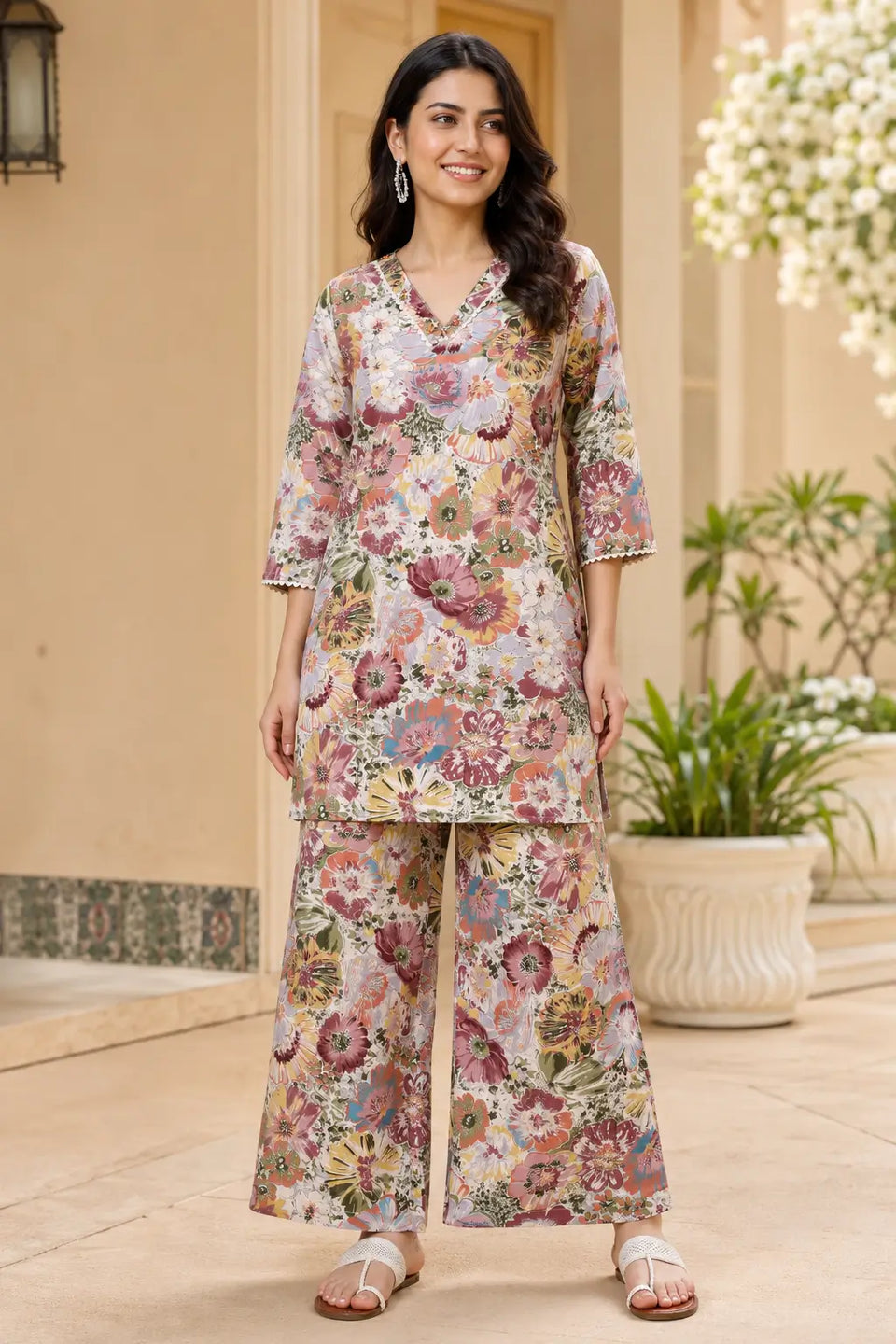 Rabric dusty pink mauve floral print cotton co-ord set for women featuring a V-neck short kurta style top with 3/4 sleeves and matching wide leg palazzo pants for summer daily wear.