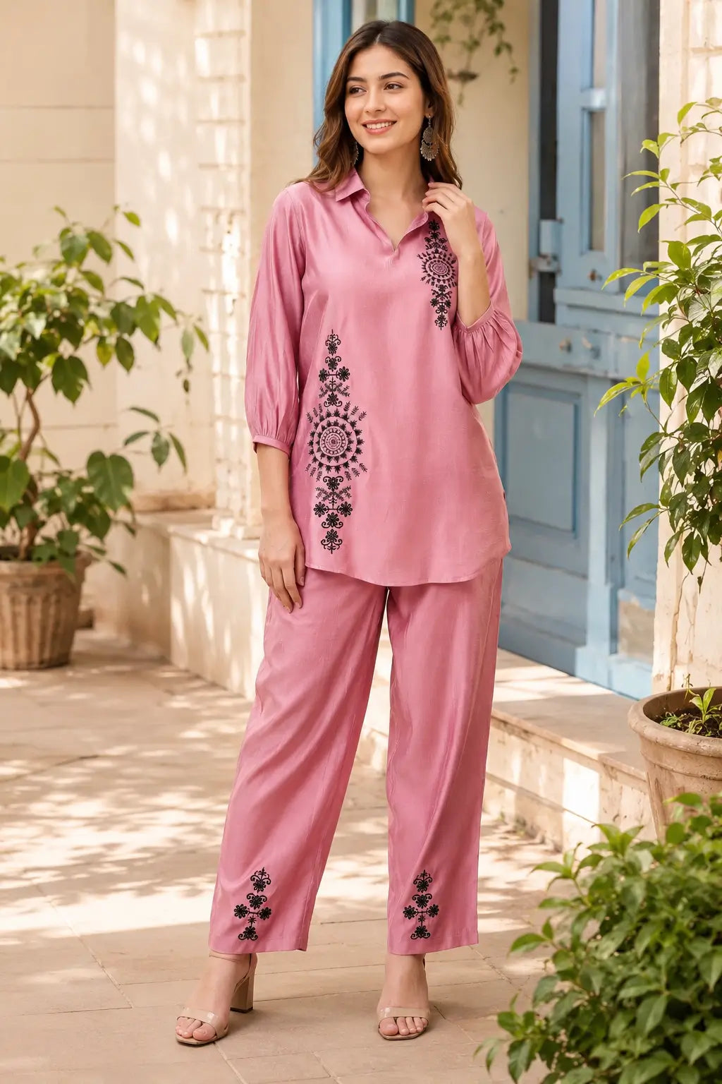Rabric dusty pink Vertican Silk embroidered co-ord set for women featuring black floral mandala embroidery, collared V-neck top and straight pants front view.