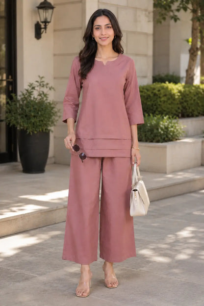 Rabric dusty rose cotton co-ord set for women in outdoor lifestyle look with plain solid top, notch neck, layered hem and wide leg pants