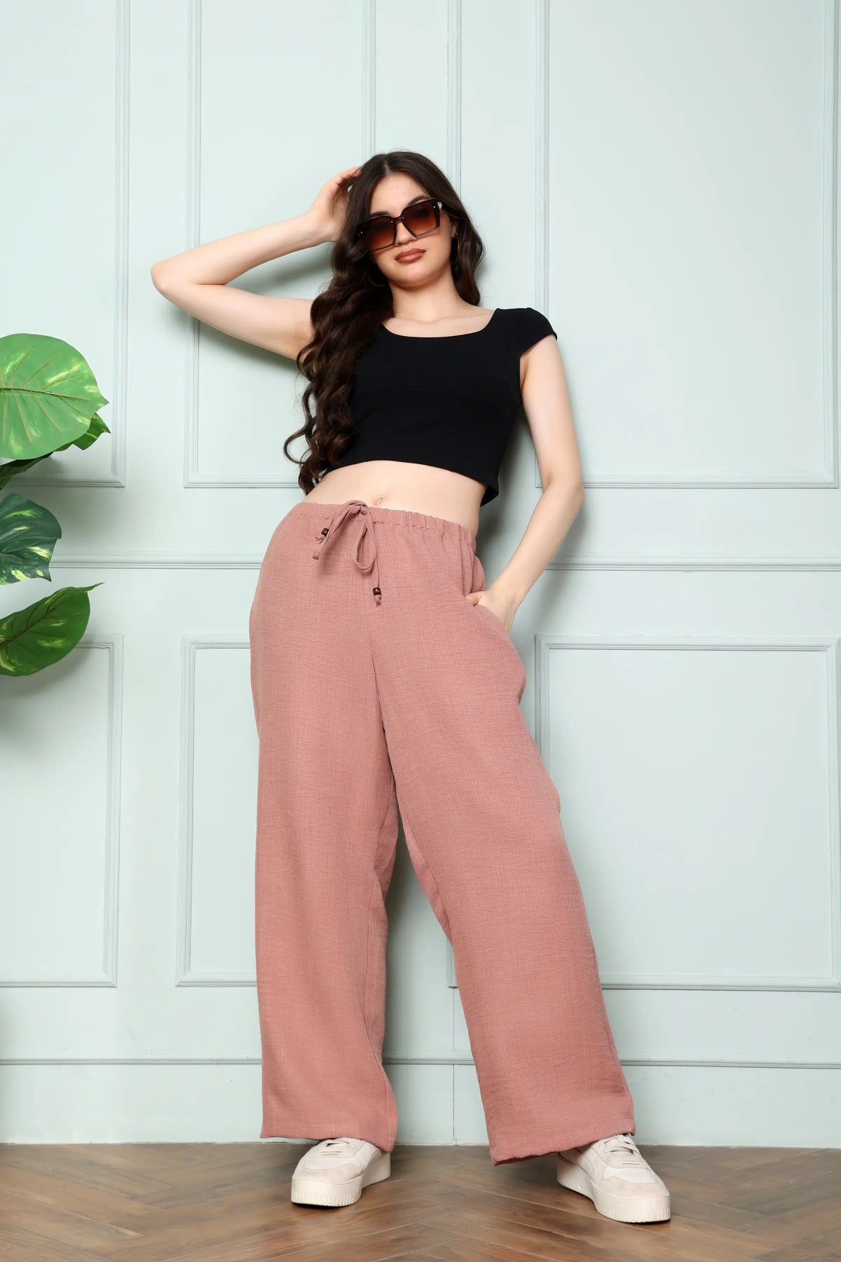 RABRIC dusty rose linen wide leg trousers for women styled for a comfortable casual look
