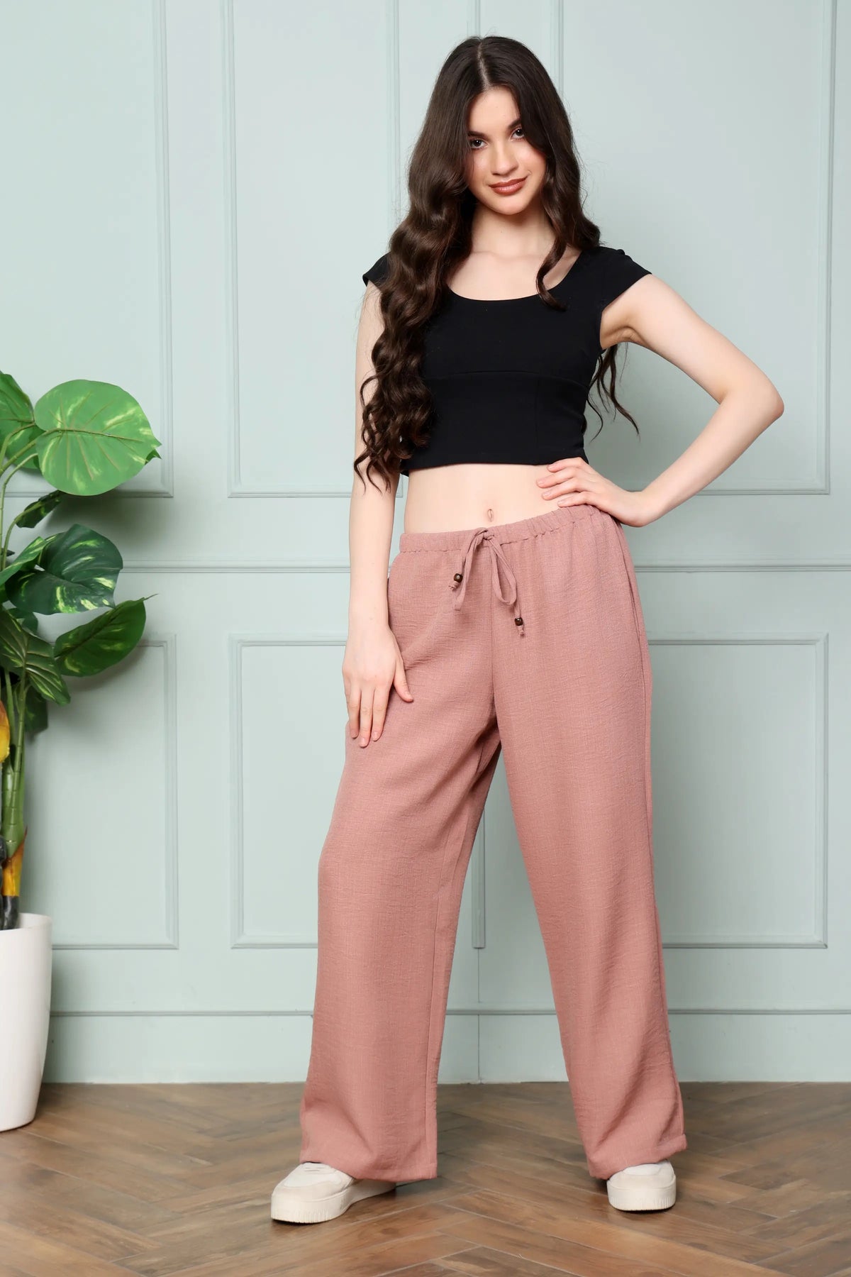 RABRIC dusty rose linen wide leg pants for women standing pose showing full-length relaxed silhouette