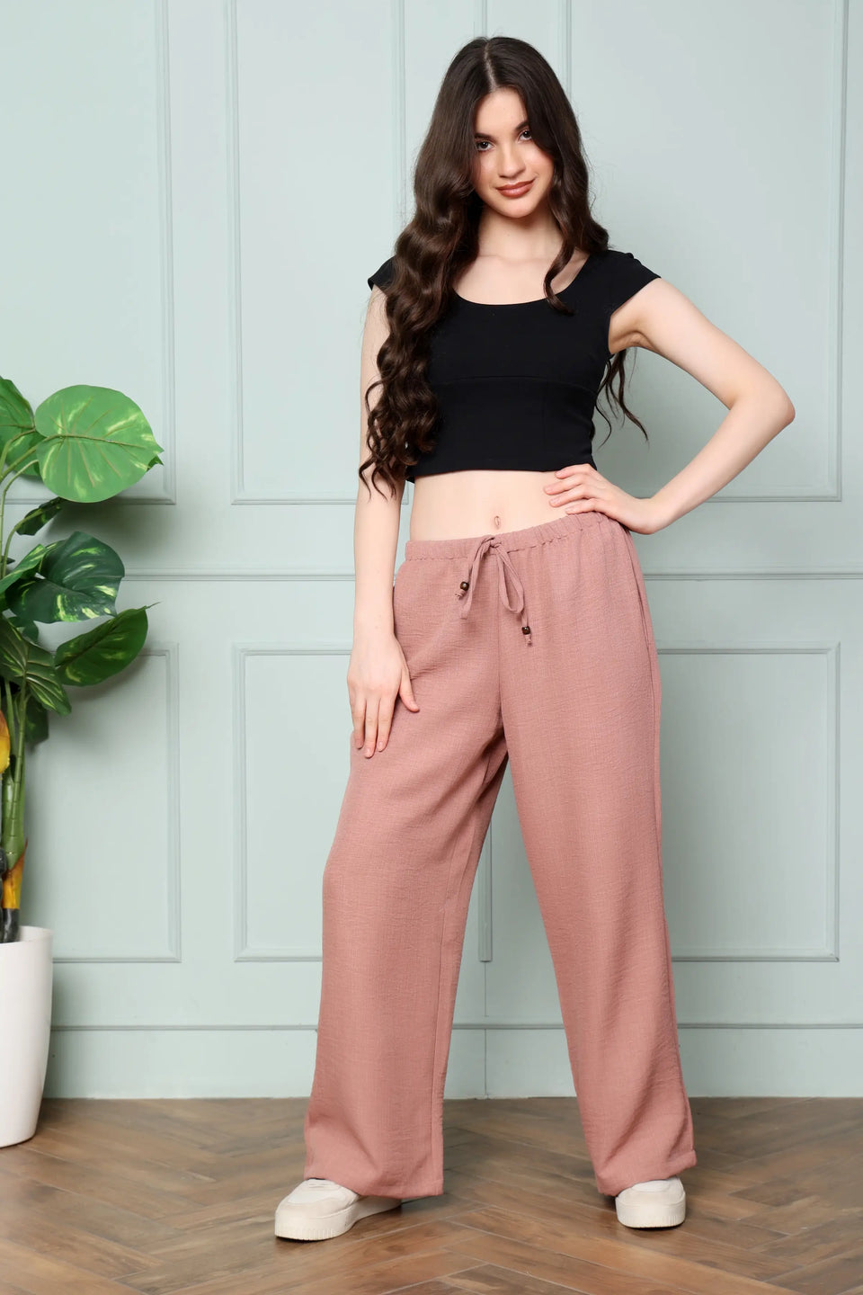 RABRIC dusty rose linen wide leg pants for women standing pose showing full-length relaxed silhouette