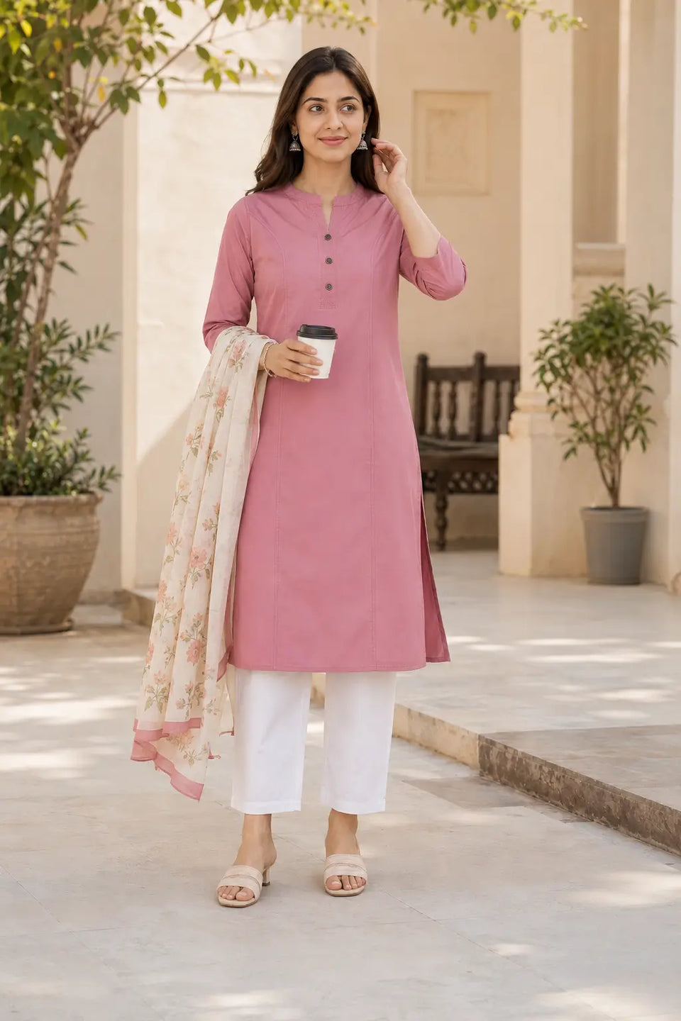 Rabric dusty rose pink rayon solid daily wear straight kurti for women styled outdoors with white pants and casual accessories