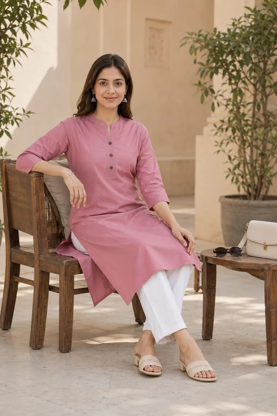 Rabric dusty rose pink rayon solid straight kurti for women in casual sitting pose with white pants and lifestyle accessories