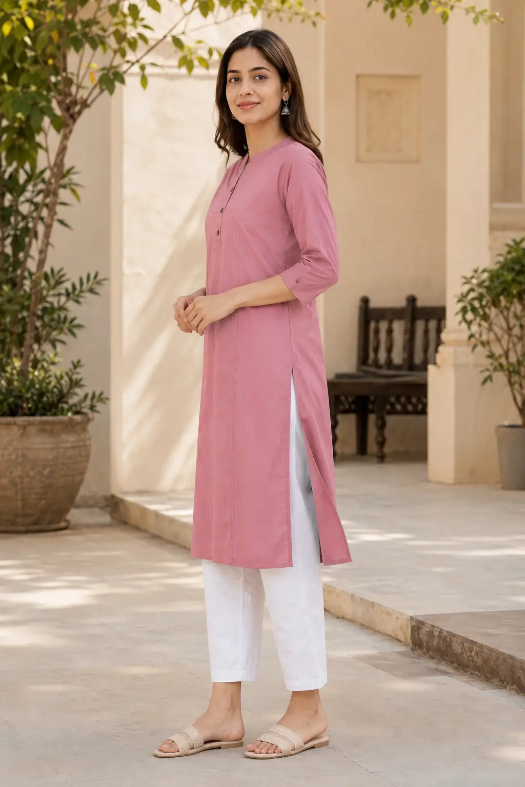 Side view of Rabric dusty rose pink rayon solid straight kurti for women with side slit, 3/4 sleeves and white pants