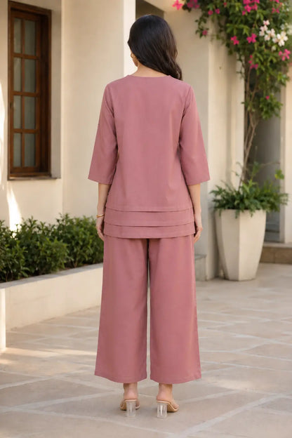 Rabric dusty rose plain cotton co-ord set for women showing back view with 3/4 sleeve top and comfortable wide leg pants