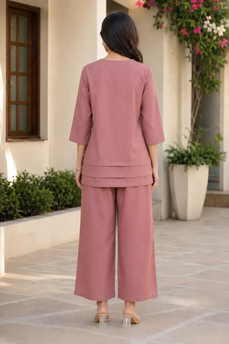 Rabric dusty rose plain cotton co-ord set for women showing back view with 3/4 sleeve top and comfortable wide leg pants