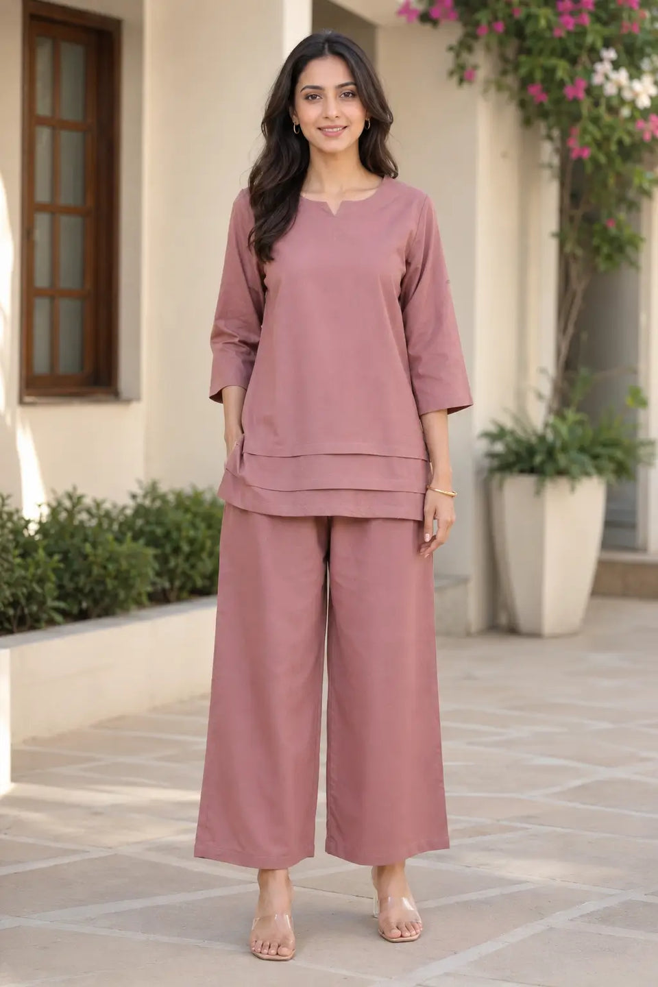 Rabric dusty rose solid cotton co-ord set for women with 3/4 sleeves, notch neck top, layered hem detail and wide leg pants front view