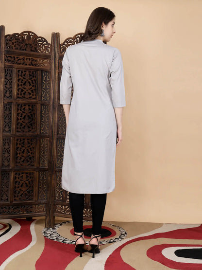 Back view of Rabric grey poplin cotton long kurti