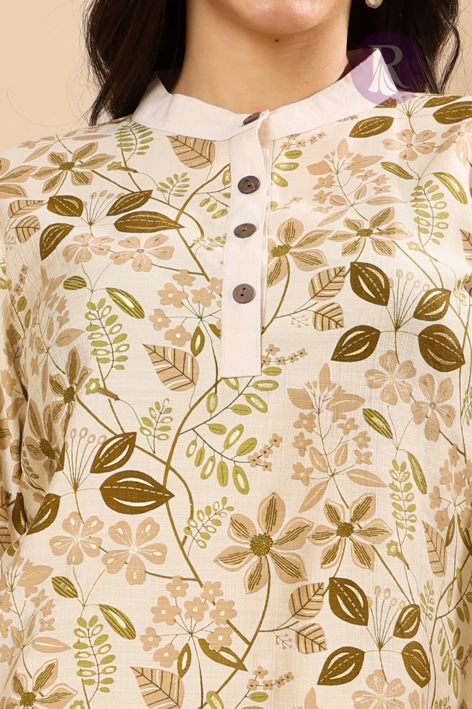 Closeup of elegant mandarin collar and button placket on Rabric floral printed kurta pant set for women
