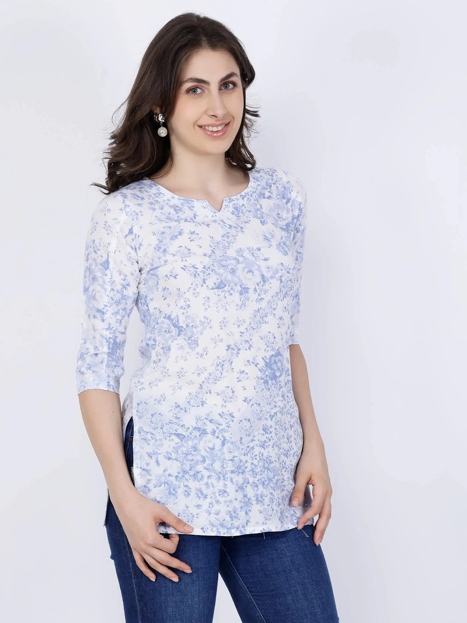 Side view of Rabric sky blue floral short kurti for women